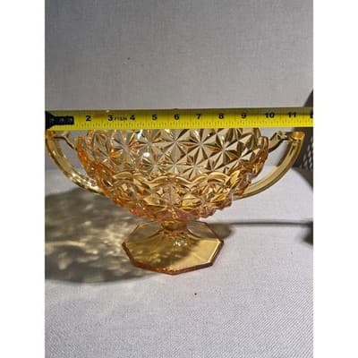 Vintage Kemple Amber Glass Large 11.5" Console Bowl Footed Two Handles Toltec - Thumbnail 8