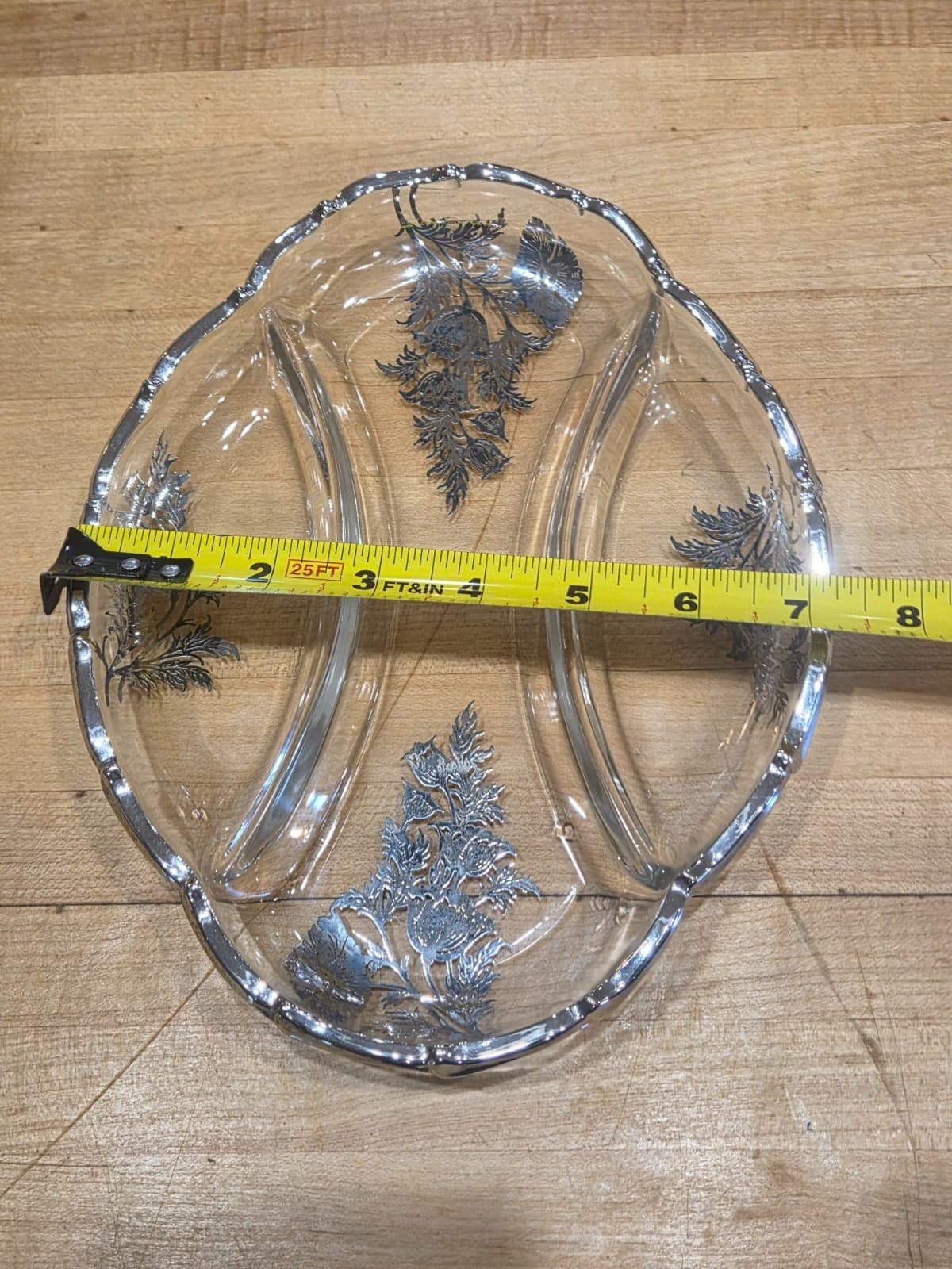 Vintage Divided Glass Serving Dish With Silver Floral Overlay 7.5 Inches Elegant - Thumbnail 5