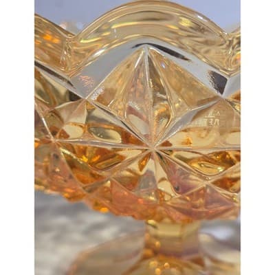 Vintage Kemple Amber Glass Large 11.5" Console Bowl Footed Two Handles Toltec - Thumbnail 3