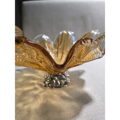 Antica Cristalleria Italiana Murano Amber Glass Silver Footed Bowl 11 3/4” Width - Thumbnail 4