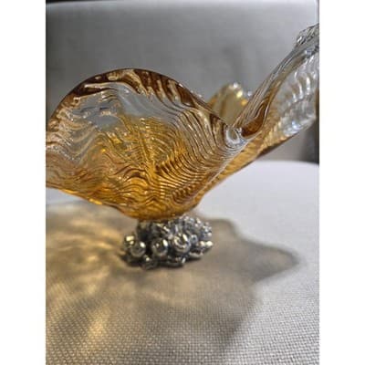 Antica Cristalleria Italiana Murano Amber Glass Silver Footed Bowl 11 3/4” Width - Thumbnail 3