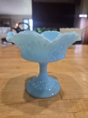 Vintage Fenton Blue Milk Glass Pedestal Compote Ruffled Candy Bowl 1960s - Thumbnail 7