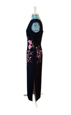 Vintage Y2K Black & Pink Embroidered Flowers Maxi Sheath Dress Glam Evening Prom - Thumbnail 3