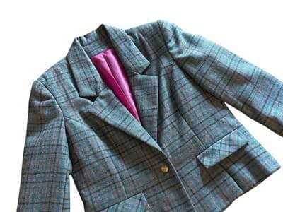Vintage Gray Blue Wool Fitted Jacket Skinny Fit Collegiate Pink Plaid Preppy - Thumbnail 2