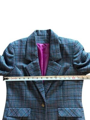 Vintage Gray Blue Wool Fitted Jacket Skinny Fit Collegiate Pink Plaid Preppy - Thumbnail 6
