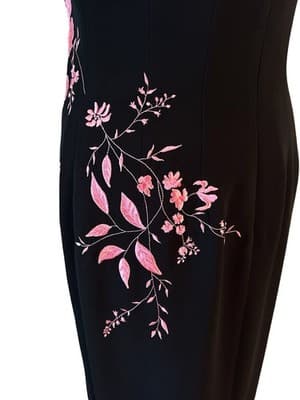 Vintage Y2K Black & Pink Embroidered Flowers Maxi Sheath Dress Glam Evening Prom - Thumbnail 4