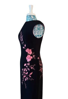 Vintage Y2K Black & Pink Embroidered Flowers Maxi Sheath Dress Glam Evening Prom - Thumbnail 8