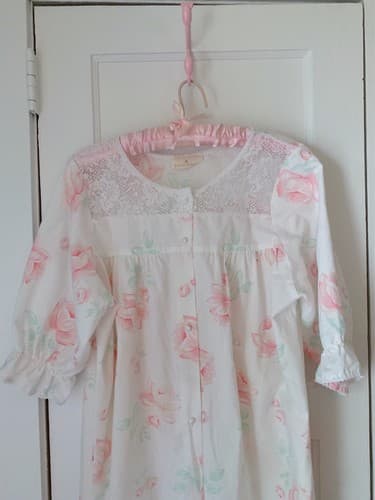 Vintage Shabby Chic Robe Pastel Pink & Aqua Floral Puffed Sleeve Pearl Button - Thumbnail 2