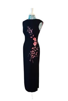 Vintage Y2K Black & Pink Embroidered Flowers Maxi Sheath Dress Glam Evening Prom - Thumbnail 7