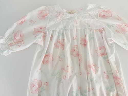 Vintage Shabby Chic Robe Pastel Pink & Aqua Floral Puffed Sleeve Pearl Button - Thumbnail 5
