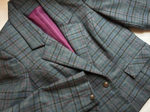 Vintage Gray Blue Wool Fitted Jacket Skinny Fit Collegiate Pink Plaid Preppy - Thumbnail 5