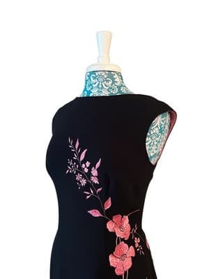 Vintage Y2K Black & Pink Embroidered Flowers Maxi Sheath Dress Glam Evening Prom - Thumbnail 6