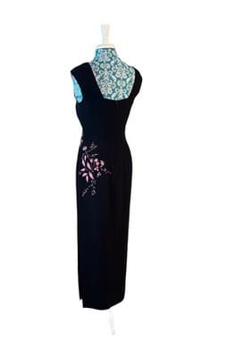 Vintage Y2K Black & Pink Embroidered Flowers Maxi Sheath Dress Glam Evening Prom - Thumbnail 5