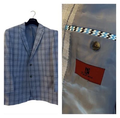 50” Blue Windowpane Check Double Vent Old Money LINEN Men’s Sports Coat Blazer - Thumbnail 2