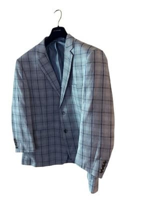50” Blue Windowpane Check Double Vent Old Money LINEN Men’s Sports Coat Blazer - Thumbnail 13