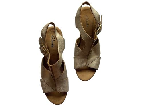 Womens Shoe Clark’s Metallic Soft Gold Genuine Leather Wedge Heel Shoes 9.5 Fall - Thumbnail 3