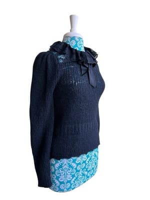 Vintage 1950s Black Sweater Ruffled Lace Puffed Sleeve Mohair Pinup Bow Coquette - Thumbnail 5