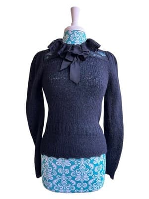 Vintage 1950s Black Sweater Ruffled Lace Puffed Sleeve Mohair Pinup Bow Coquette - Thumbnail 2