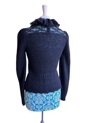 Vintage 1950s Black Sweater Ruffled Lace Puffed Sleeve Mohair Pinup Bow Coquette - Thumbnail 3