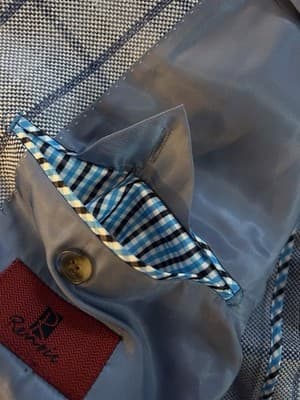 50” Blue Windowpane Check Double Vent Old Money LINEN Men’s Sports Coat Blazer - Thumbnail 17