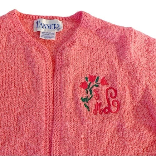 Vintage Pink Cardigan Sweater By Tanner Size M Embroidered Initials SML Floral - Thumbnail 3