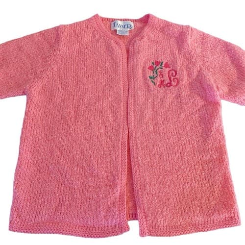 Vintage Pink Cardigan Sweater By Tanner Size M Embroidered Initials SML Floral - Thumbnail 2