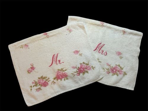 Vintage Embroidered Pink Hand Towel Mr. & Mrs. Shabby Chic Set Husband Wife - Thumbnail 3