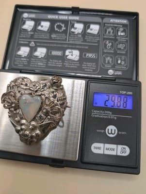 1905-1915 Ornate Silver Heart Brooch Pin & Large Natural Opal Arts & Crafts Era - Thumbnail 9