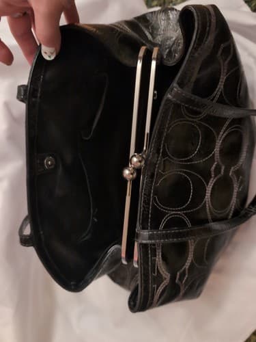 COACH Signature Satchel Patent Framed Carryall Black Silver F19215 Leather Logo - Thumbnail 6