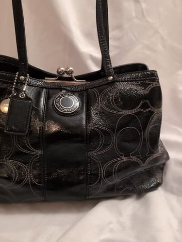 COACH Signature Satchel Patent Framed Carryall Black Silver F19215 Leather Logo - Thumbnail 4