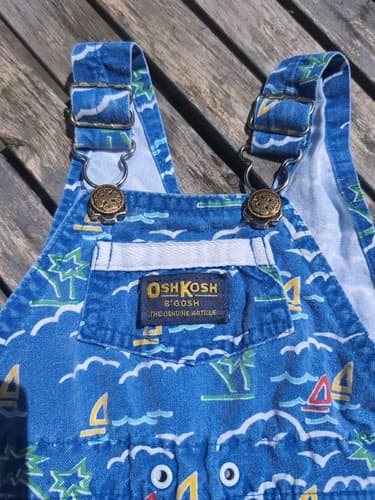 Vintage Baby OshKosh B’gosh Long Overalls Blue Sailboats Palms Beach Size 12mo - Thumbnail 2
