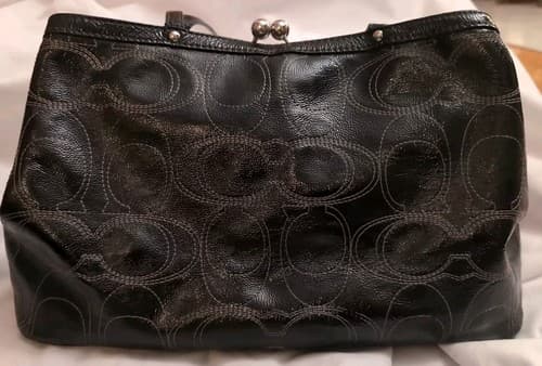 COACH Signature Satchel Patent Framed Carryall Black Silver F19215 Leather Logo - Thumbnail 5