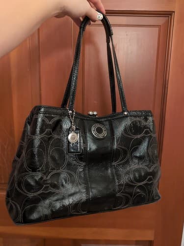 COACH Signature Satchel Patent Framed Carryall Black Silver F19215 Leather Logo - Thumbnail 9
