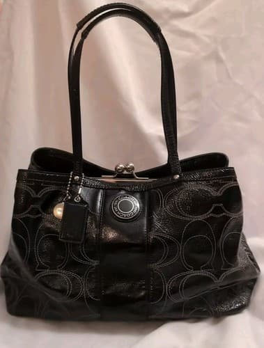 COACH Signature Satchel Patent Framed Carryall Black Silver F19215 Leather Logo - Thumbnail 2