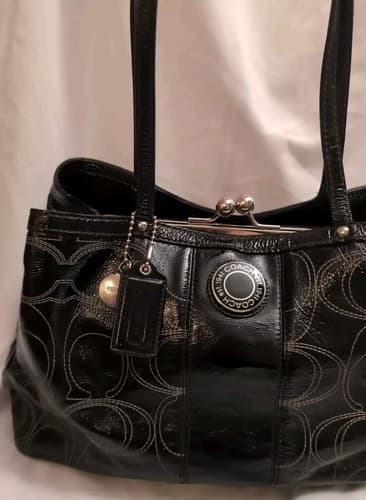 COACH Signature Satchel Patent Framed Carryall Black Silver F19215 Leather Logo - Thumbnail 3