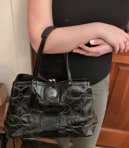 COACH Signature Satchel Patent Framed Carryall Black Silver F19215 Leather Logo - Thumbnail 8
