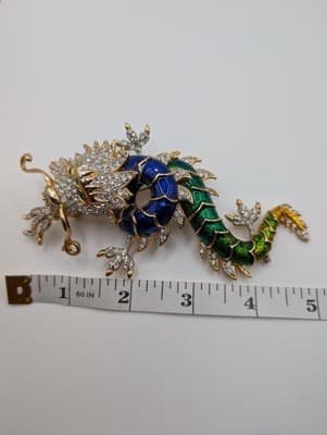 1960s Unsigned Butler & Wilson Enameled Rhinestone Dragon Brooch 5" - Thumbnail 7