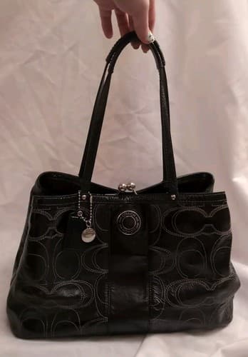 COACH Signature Satchel Patent Framed Carryall Black Silver F19215 Leather Logo - Thumbnail 11