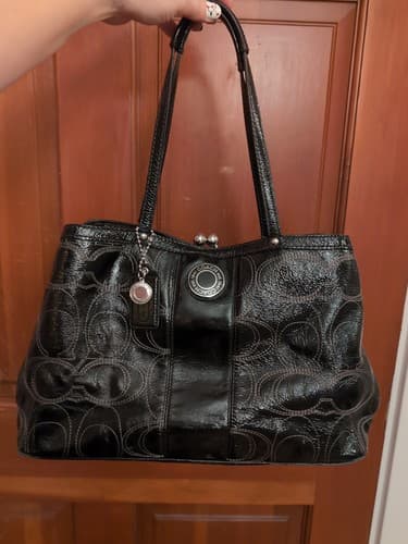 COACH Signature Satchel Patent Framed Carryall Black Silver F19215 Leather Logo - Thumbnail 10