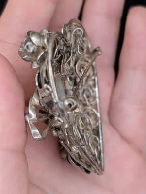 1905-1915 Ornate Silver Heart Brooch Pin & Large Natural Opal Arts & Crafts Era - Thumbnail 11