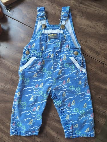 Vintage Baby OshKosh B’gosh Long Overalls Blue Sailboats Palms Beach Size 12mo - Thumbnail 12