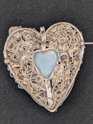 1905-1915 Ornate Silver Heart Brooch Pin & Large Natural Opal Arts & Crafts Era - Thumbnail 4