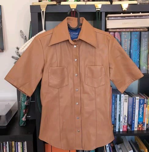 SIMON MILLER Vegan Leather Button Up Shirt Women's Pocket Small S Designer Camel - Thumbnail 2