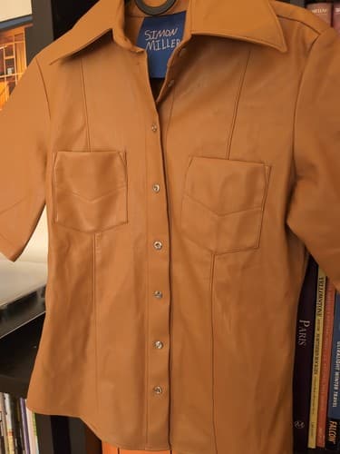 SIMON MILLER Vegan Leather Button Up Shirt Women's Pocket Small S Designer Camel - Thumbnail 12