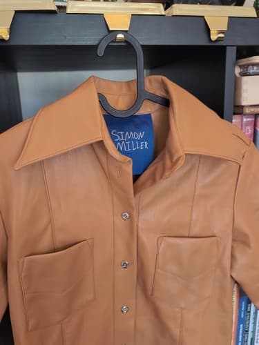 SIMON MILLER Vegan Leather Button Up Shirt Women's Pocket Small S Designer Camel - Thumbnail 11