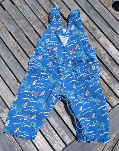 Vintage Baby OshKosh B’gosh Long Overalls Blue Sailboats Palms Beach Size 12mo - Thumbnail 6