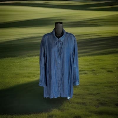 Zac & Rachel Woman Button Up Shirt Arc Hem Blue Blouse Soft Denim-look Size 2x