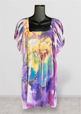 Unity World Wear Ladies XL Boho Purple Floral Flare Sleeves Elastic Bodice