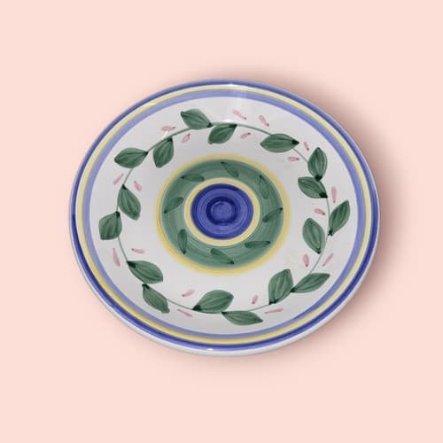 Dansk Sardinia Soup Bowl Green Pink Blue Bands & Leaves Stoneware