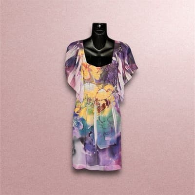 Unity World Wear Ladies XL Boho Purple Floral Flare Sleeves Elastic Bodice - Thumbnail 2